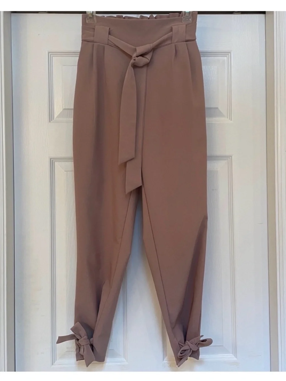 Grace Karin Women’s Paperbag Tie Waist Ankle Pants Size Small Taupe Bow Detail